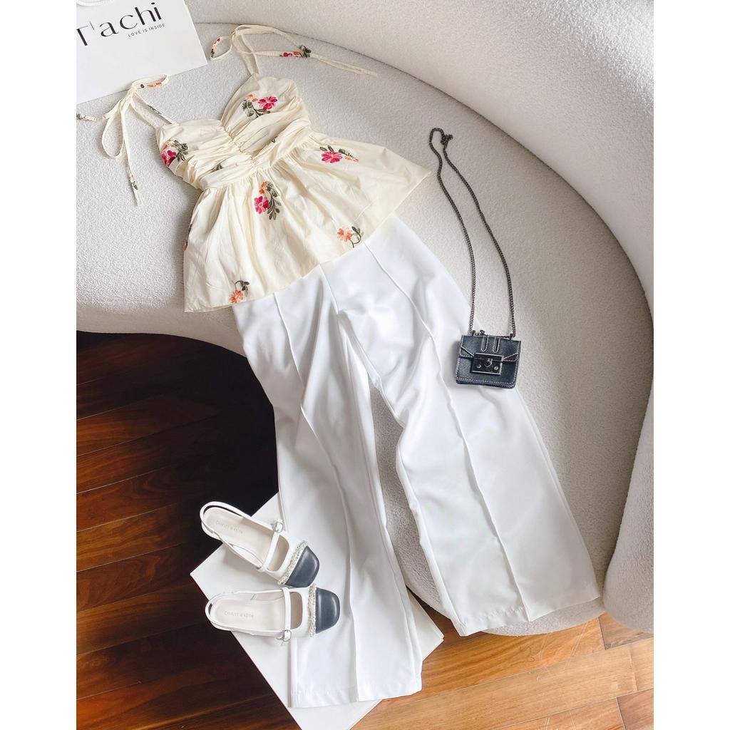 SET ÁO NUDE THÊU HOA 2 DÂY CỘT VAI NHÚN NGỰC + QUẦN TRẮNG