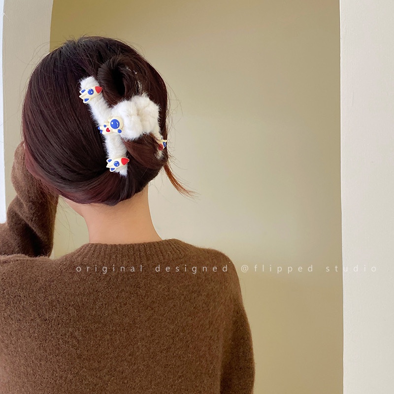 Kẹp Tóc Hàn Quốc Kẹp Càng Cua Phối Lông Hoạ Tiết Hoạt Hình Xinh Xắn