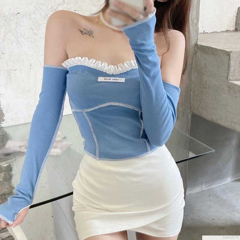 Áo croptop tay dài phối bèo thiết kế trễ vai quyến rũ thời trang dành cho nữ