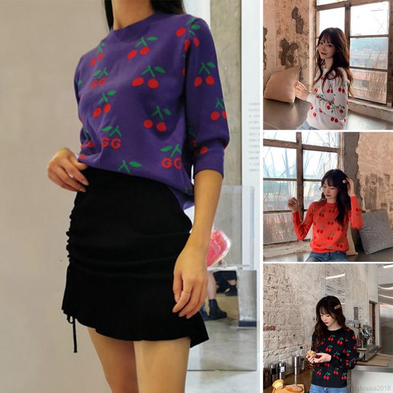 Women Autumn Knit Wool Clothing Cartoon Cherry Print Slim Long Sleeved Round Collar Slim Bottom Knit Sweater | BigBuy360 - bigbuy360.vn