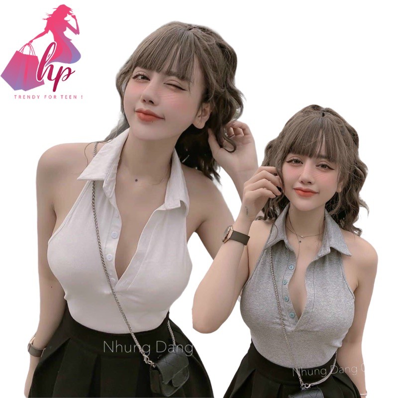áo thun kiểu croptop ôm body cổ bẻ mẫu mới 2021