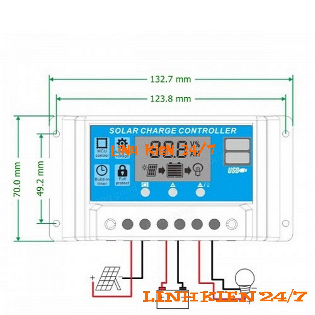 Bộ Điều Khiển Sạc Năng Lượng Mặt Trời Hiển Thị LCD 10A 12V/24V