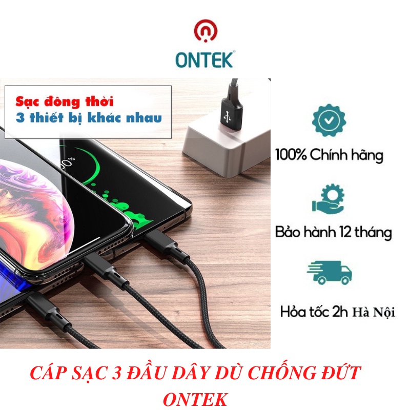 Cáp Sạc Ontek 3 Đầu Ipho - Micro usb - Type C phù hợp mọi loại điện thoại, máy tính bảng