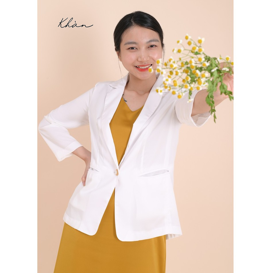 Áo vest nữ blazer KHÀN lụa cao cấp màu trắng đen be tà bầu basic tay dài form suông 1 lớp phong cách Hàn Quốc thanh lịch