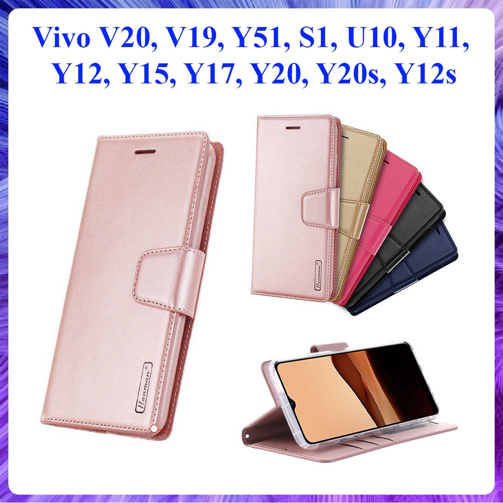 Bao da dạng ví Vivo V20, V19, Y51, Y11, Y12, Y15, Y17, U10, S1, Y20, Y20s, Y12s ngăn đựng thẻ tiền hiệu Hanman