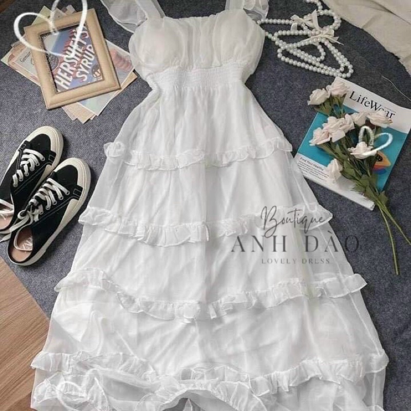 Váy đầm trắng maxi dự tiệc sang trọng xòe công chúa xếp tầng vai bèo cánh tiên chất voan tơ V0084 AĐ BOUTIQUE