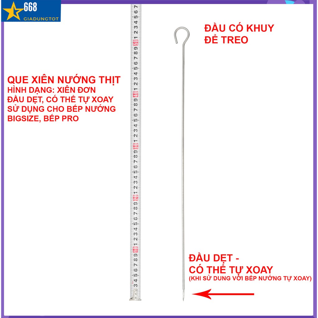 Xiên đơn nướng thịt dành cho bếp than hoa tự xoay CỠ LỚN, INOX 304 toàn phần