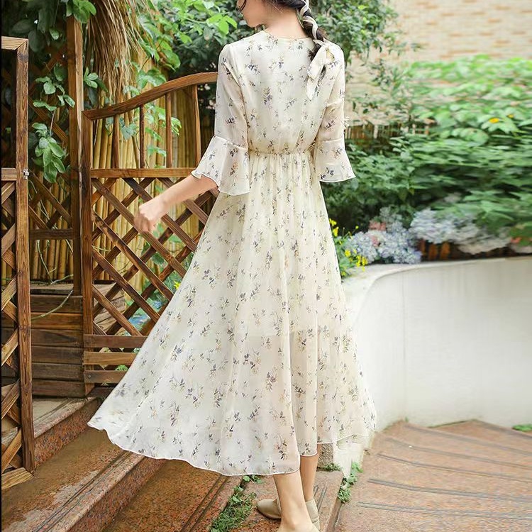 Đầm PERTY tay loe cổ chữ V họa tiết hoa xinh xắn thời trang mùa hè dành cho nữ