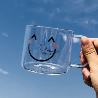 Cốc uống nước bằng thủy tinh in hình mặt cười sáng tạo có quai cầm cách nhiệt cho cặp đôi
