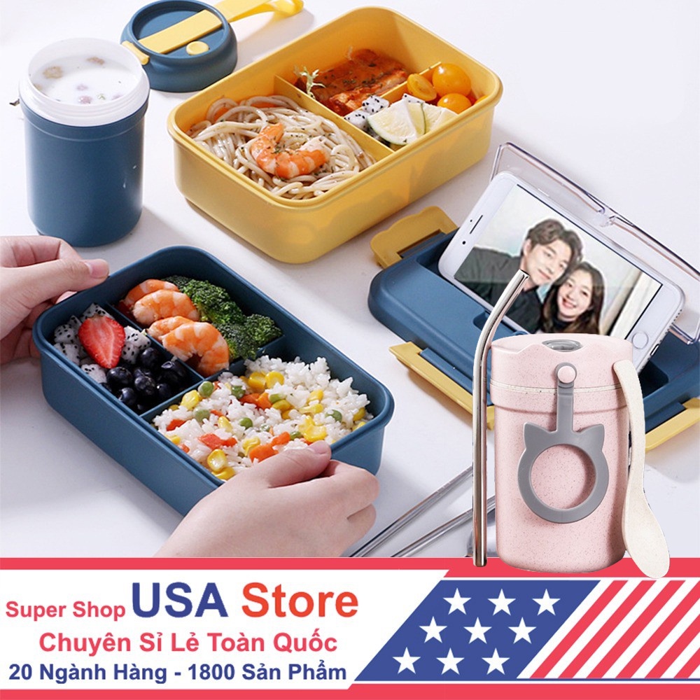 Hộp Đựng Cơm K6 Loại 1 - Cốc Canh - Túi Giữ Nhiệt Ăn Trưa Văn Phòng Chia 3 Ngăn Bento Cute - Cà Mèn Tặng Thìa Đũa