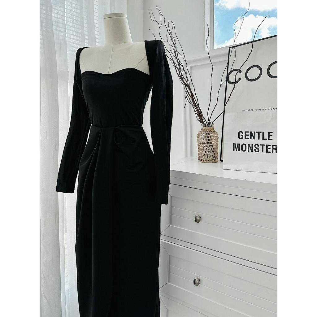 ĐẦM MIDI BODY ĐEN TAY DÀI NHÚN EO