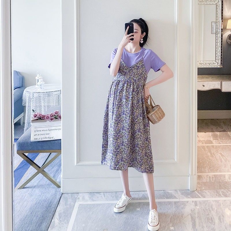 AMOI Đầm Hoa Giả Hai Mảnh Thời Trang Cho Mẹ Bầu