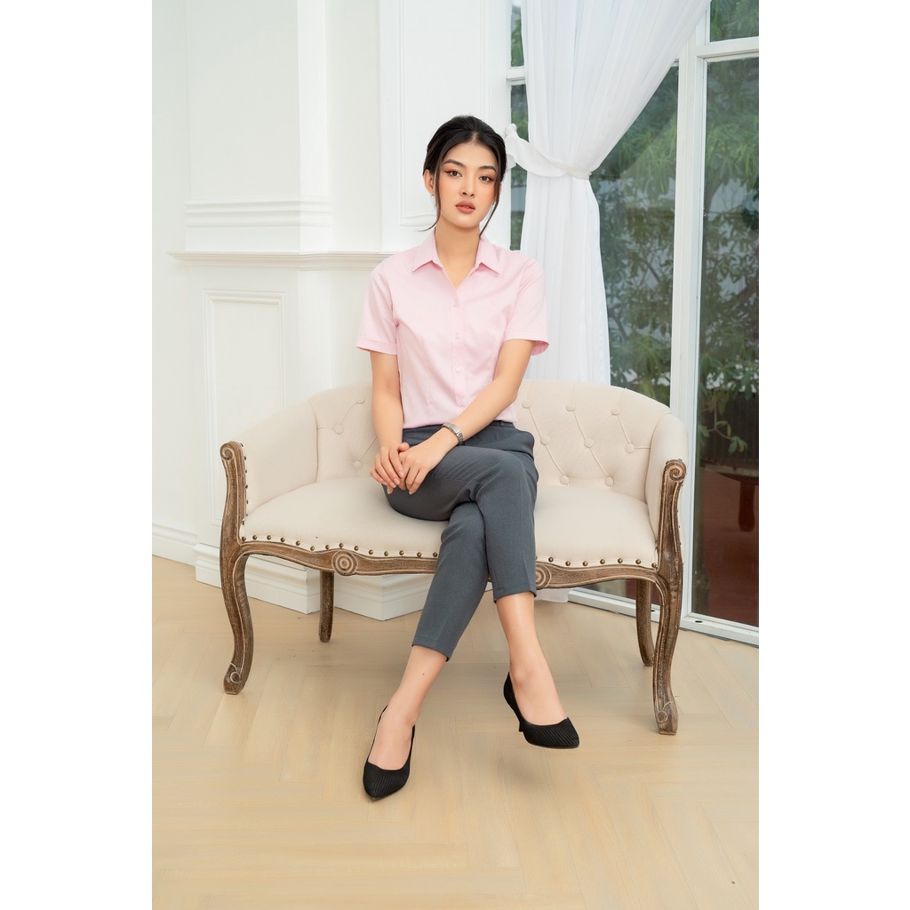 Áo sơ mi nữ cao cấp tay ngắn kiểu công sở màu hồng bigsize sợi tre Thái Hoà N8919-02-01