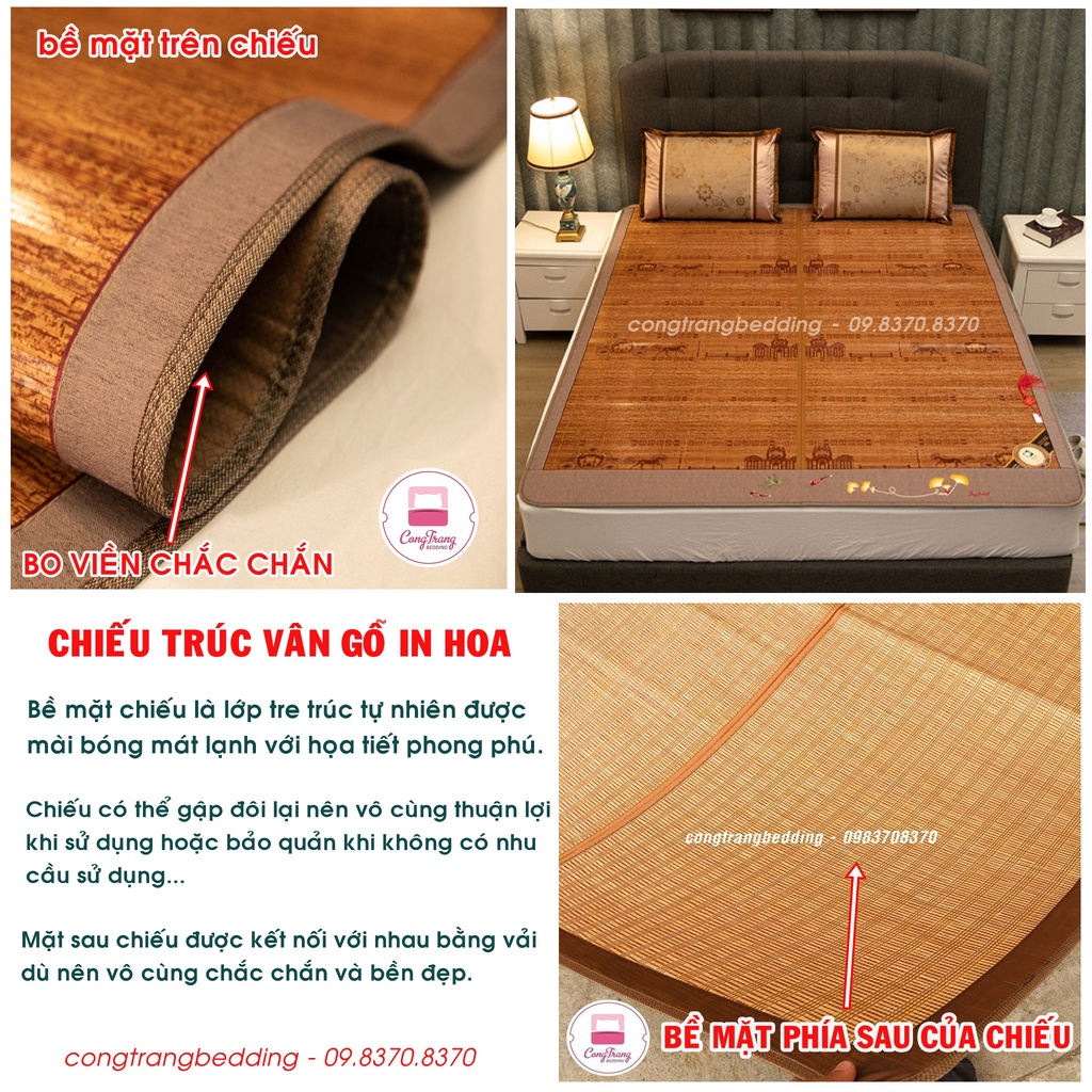 Chiếu trúc vân gỗ, chiếu trúc tre in hoa tây bắc, mùa hè mát lạnh nhiều size(1m/1m2/1m5/1m6/1m8/2m2)