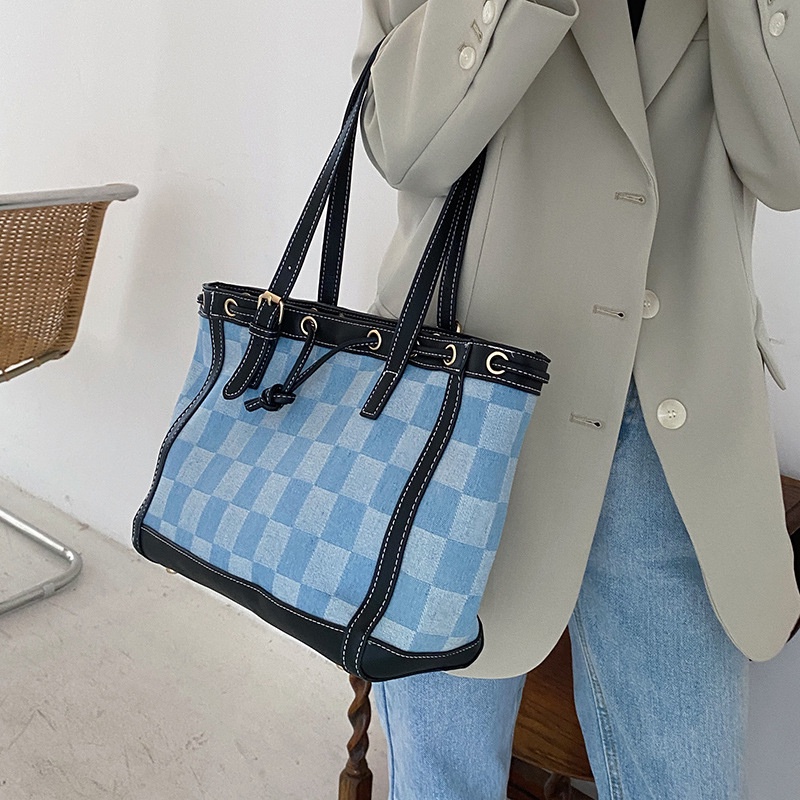 Túi đeo vai IELGY bằng vải canvas cỡ lớn họa tiết kẻ ô đơn giản thời trang cho nữ