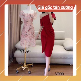 Đầm body lệch vai bèo eo xẻ tà sang chảnh + Ảnh thật