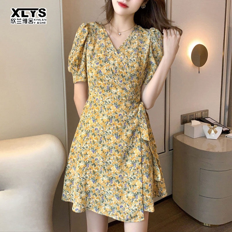 Đầm hoa XINLANYASHE tay ngắn thời trang Hàn Quốc đi biển/ quán cà phê cho nữ