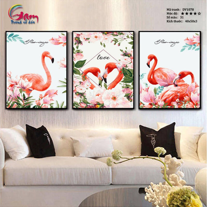 Bộ 3 tranh sơn dầu số hoá tự tô màu động vật - Mã DV1078S Tranh Hồng hạc Flamingo