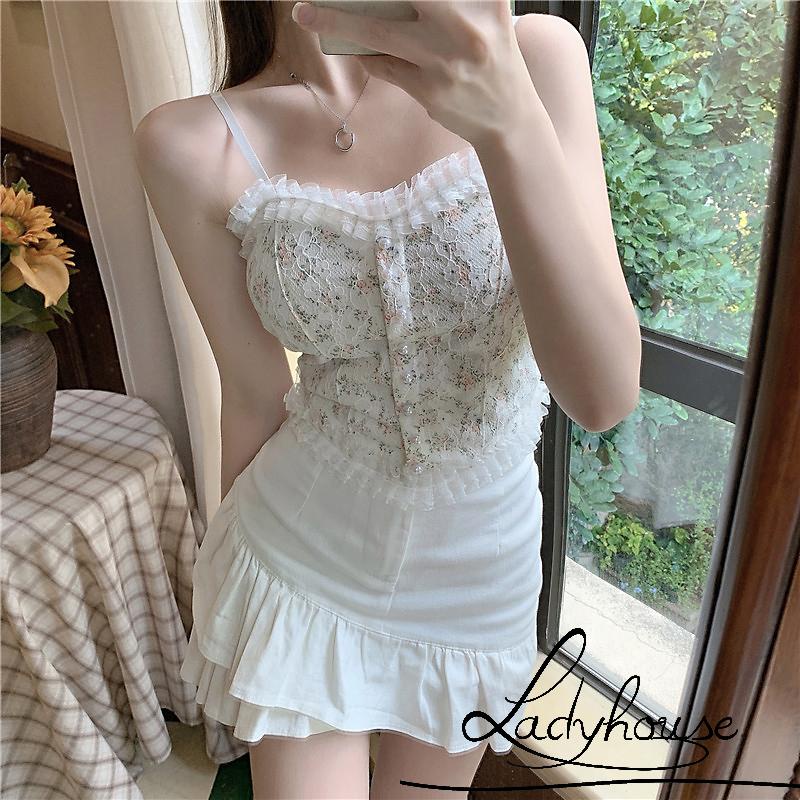 Áo hai dây không gọng phối ren in họa tiết hoa thời trang mùa hè cho nữ