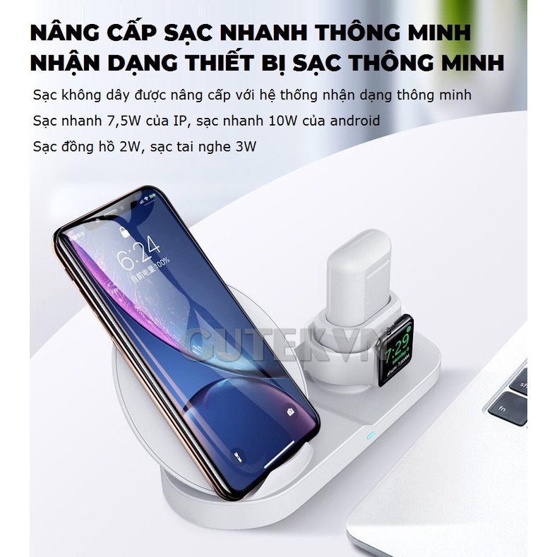 Đế sạc không dây 3 trong 1 sạc nhanh 10w cho IP smart watch tai nghe bluetooth aripods - Gutek BXD-08A