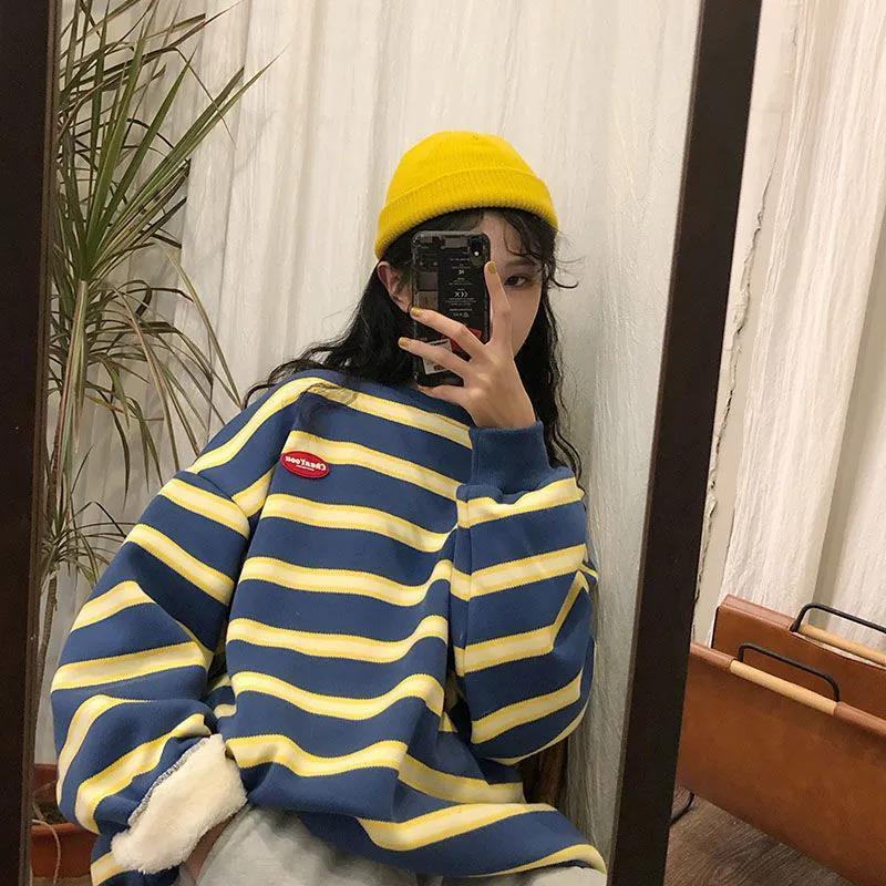 Áo sweater lông cừu dày dáng rộng kẻ sọc kiểu Hàn Quốc dễ thương cho nữ