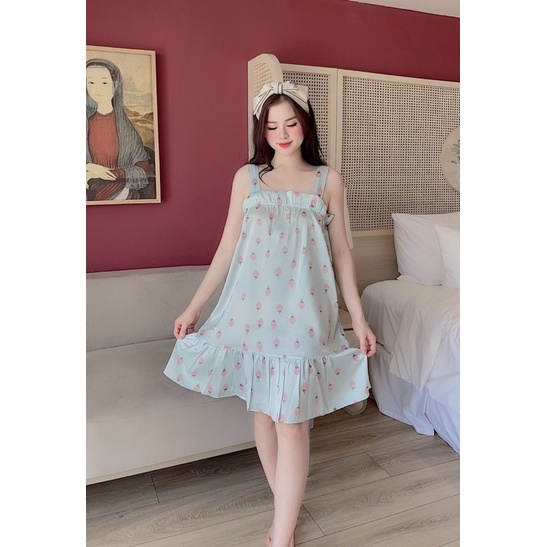 Đầm váy ngủ mặc nhà LỤA MANGO / LATIN 2 dây dễ thương phom rộng (mẹ bầu - sau sinh mặc được)