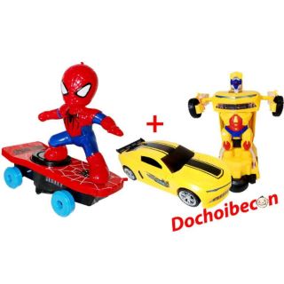 Combo Nhện lướt ván + Xe robot biến hình: Dùng pin, có đèn, nhạc