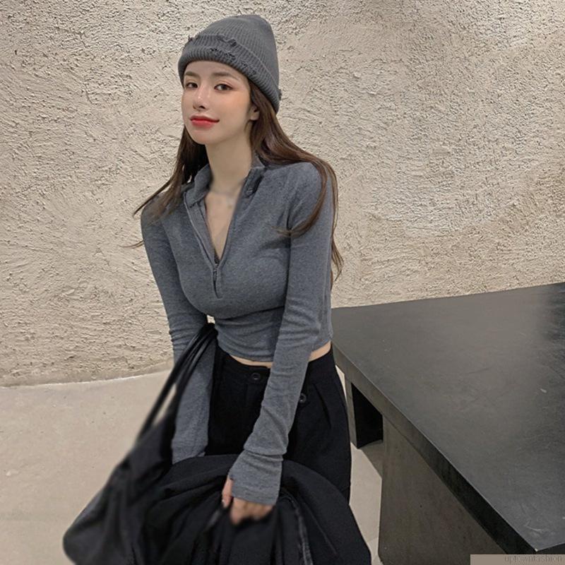 Áo crop top tay dài màu sắc thời trang thu đông cho nữ
