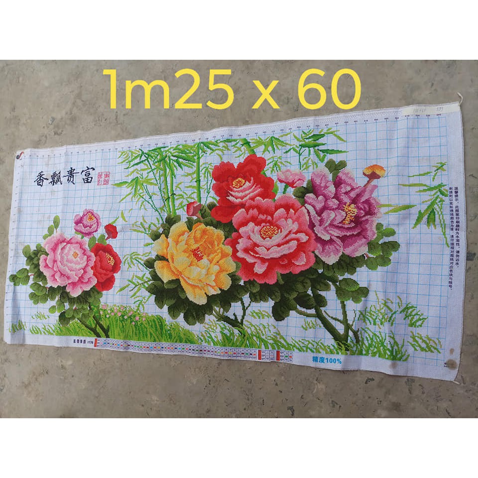 (Đã thêu xong chưa khung) Tranh thêu tay chữ thập Hoa mẫu đơn kích thước 1m25 x 60 thêu hết