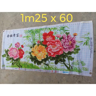 (Đã thêu xong chưa khung) Tranh thêu tay chữ thập Hoa mẫu đơn kích thước 1m25 x 60 thêu hết