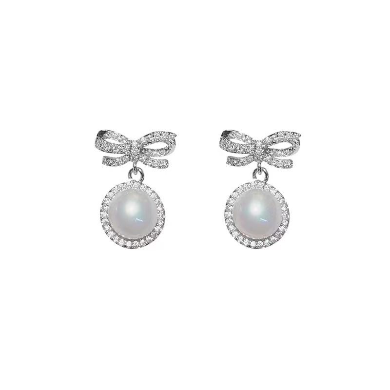 S925 Bông tai ngọc trai Bông tai bạc Nơ Bông tai tròn Bông tai thời trang Phụ kiện Trang sức Quà tặng