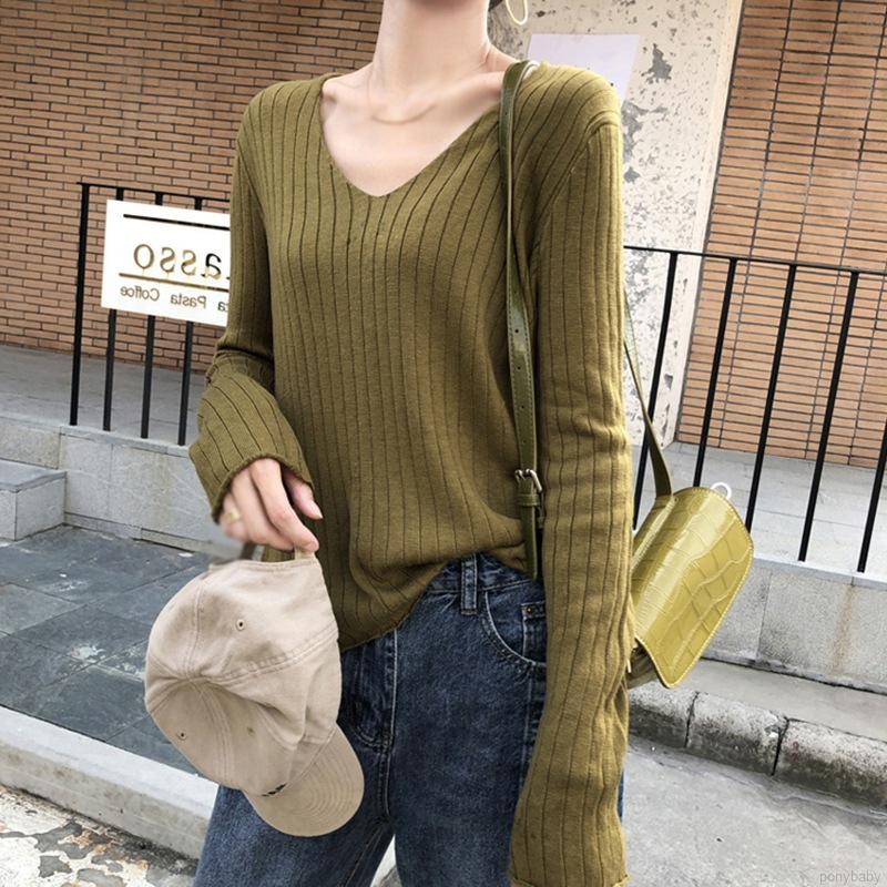 Korean Fashion Lazy Style Long-sleeved  Clothes Women's Outer Wear Loose Pullover V-neck Sweater