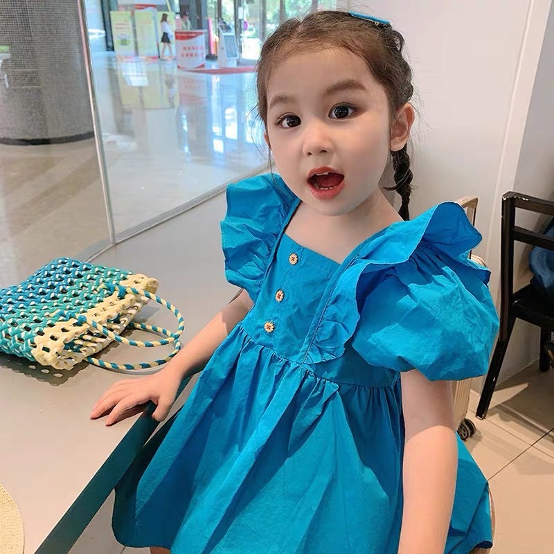 Váy đầm xanh coban dải cúc cho bé gái