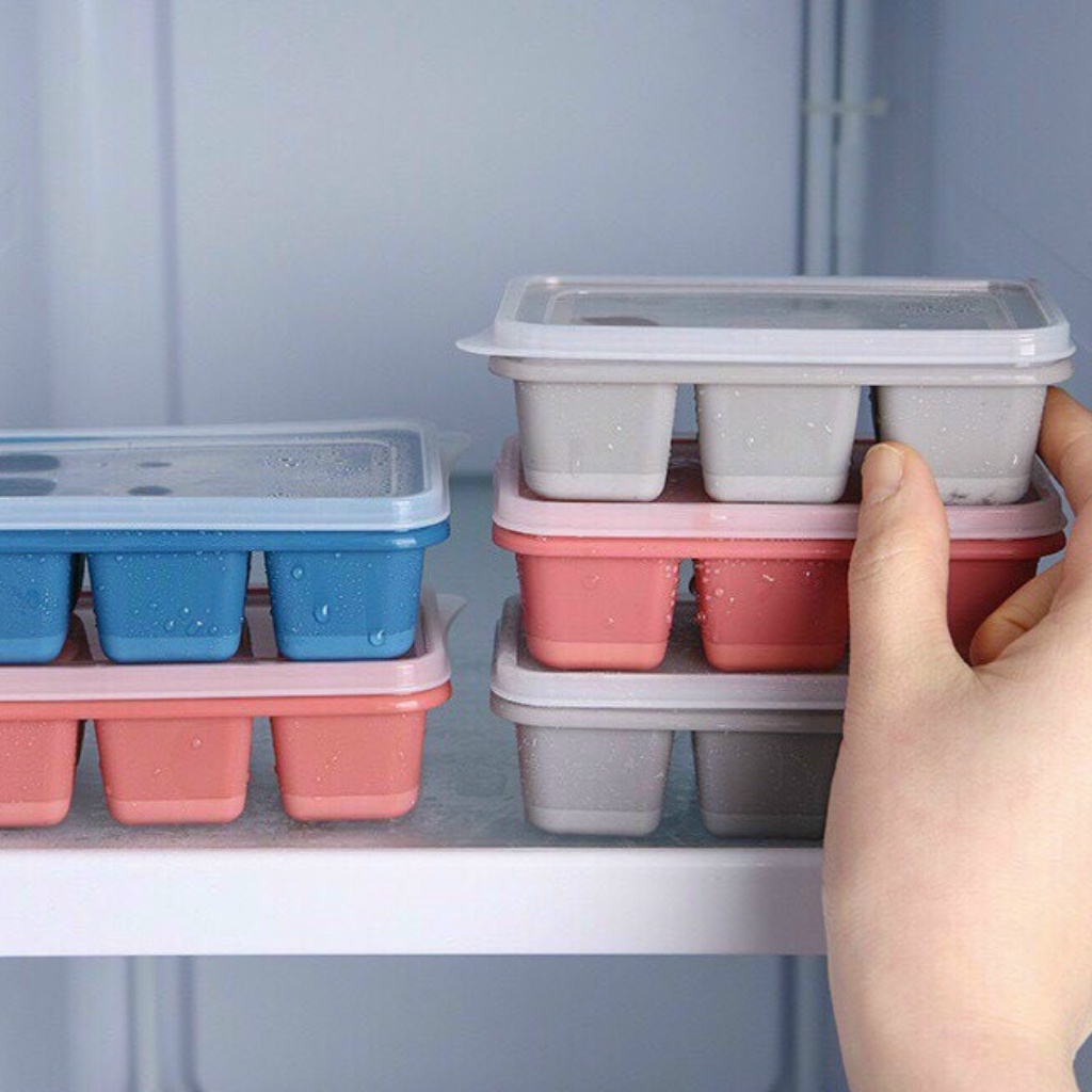 Khay làm đá, Set 3 khay làm đá đáy silicon thành bằng nhựa PP (CÓ NẮP ĐẠY) an toàn sức khỏe