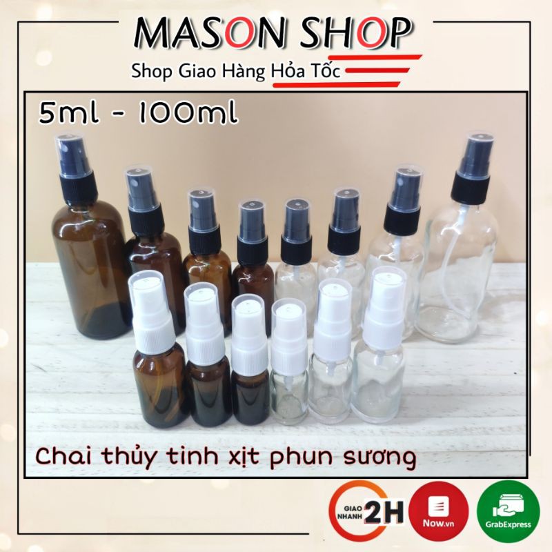 CHAI XỊT PHUN SƯƠNG THỦY TINH 5ml 10ml 15ml 20ml 30ml 50ml 100mlVỎ BÌNH CHAI LỌ CHIẾT MỸ PHẨM TRONG/NÂU nhỏ dạng XỊT