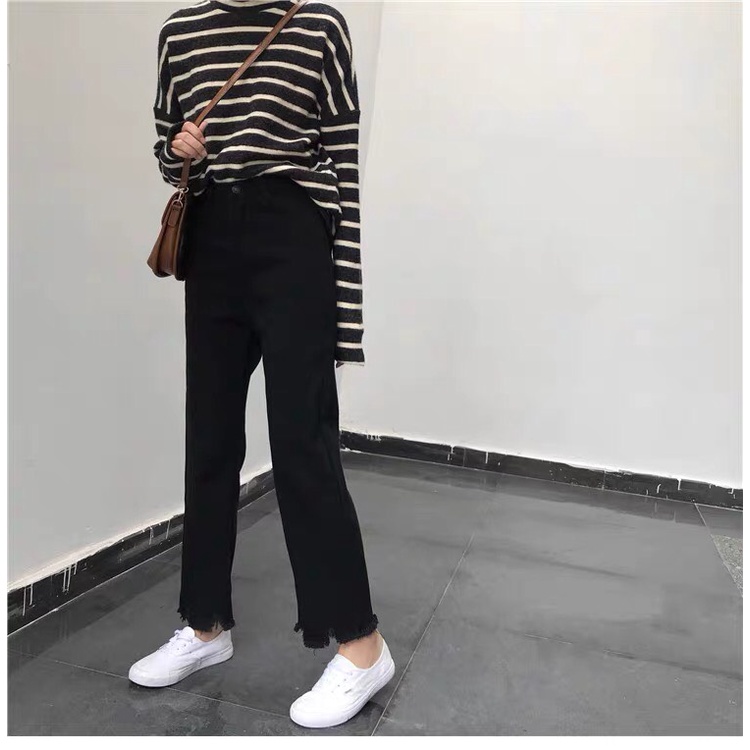 Quần jean dài cạp cao, quần jean ống đứng tua gấu phong cách_j18