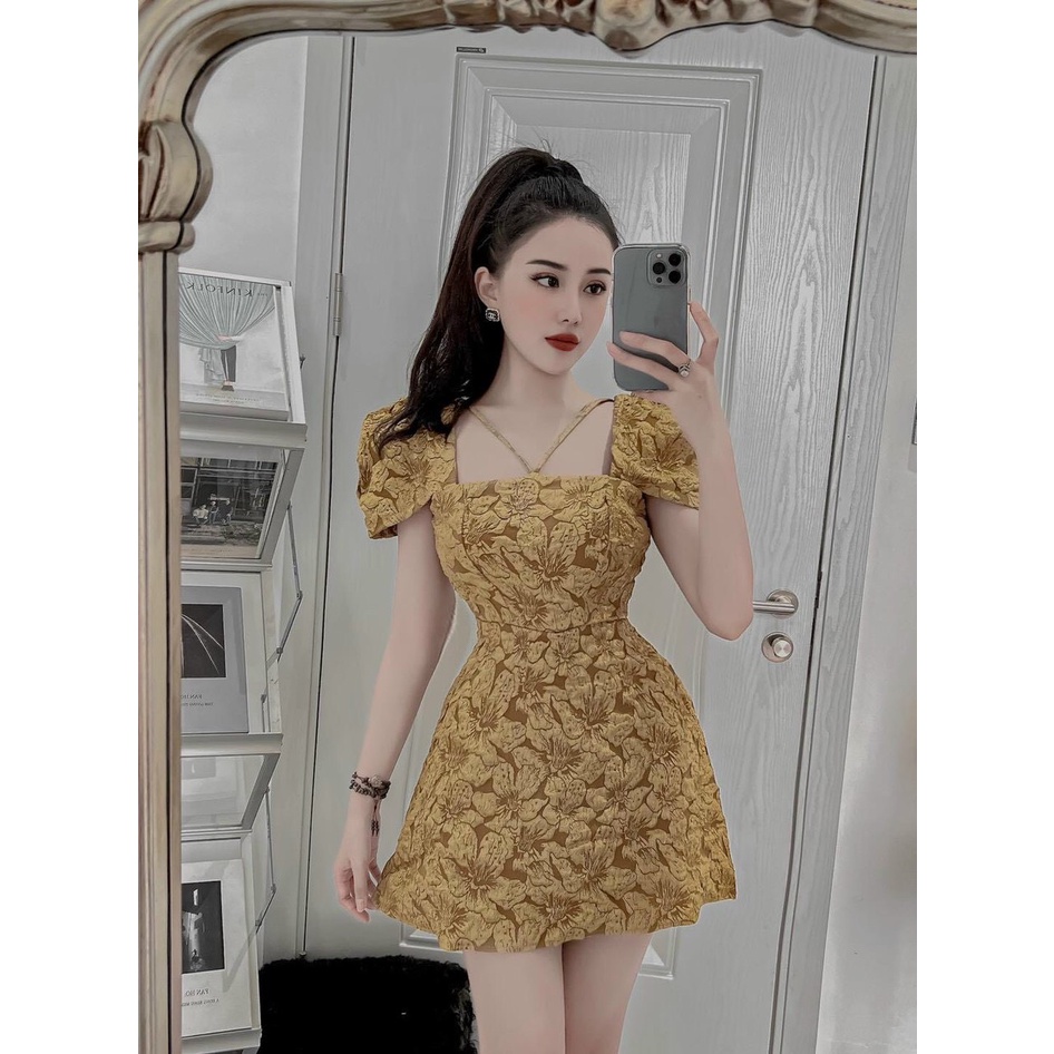 [8.8 Sales Freeship] Đầm tiểu thư, đầm gấm hoa cổ vuông tay phồng cột dây cổ, đầm gấm xốp nổi chữ A sang trọng
