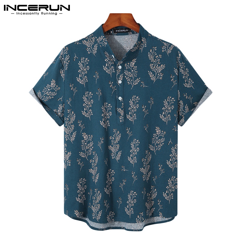 Áo kiểu INCERUN tay ngắn cotton in họa tiết phong cách vintage cá tính thời trang cho nam