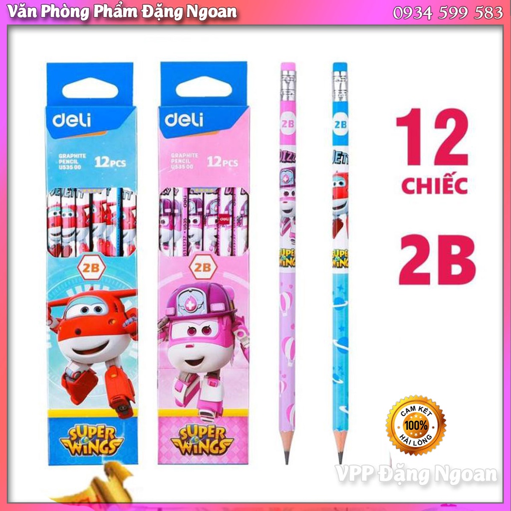 ❤️ 1 Hộp Bút chì học sinh 2B Deli - họa tiết xinh xắn Superwings Pop, chuyên dùng thi cử