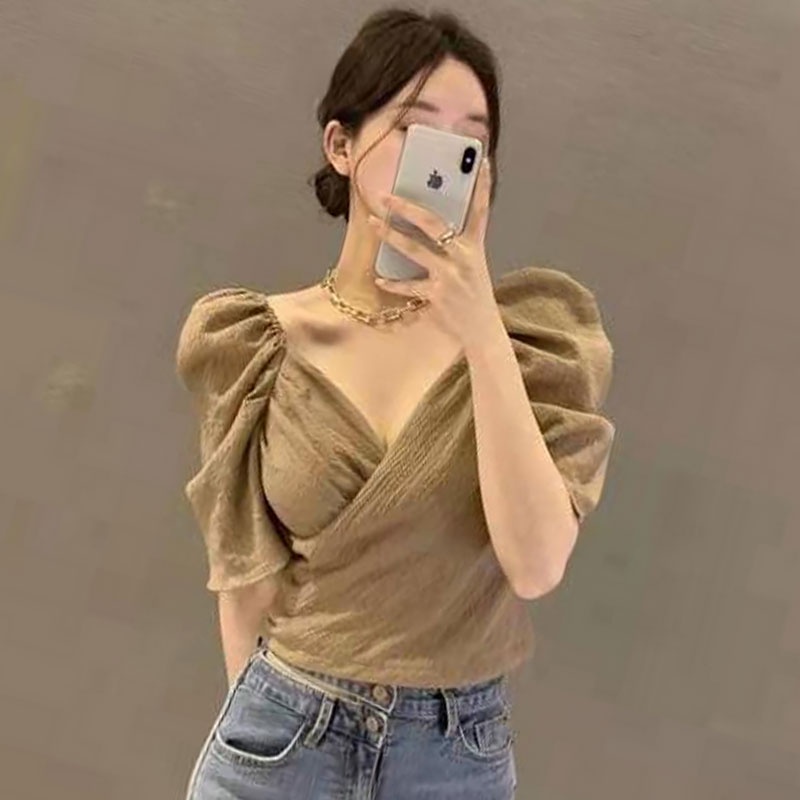 Hàng Mới Về Áo Sơ Mi Tay Phồng Cổ Chữ V Thời Trang Hàn Quốc Cho Nữ