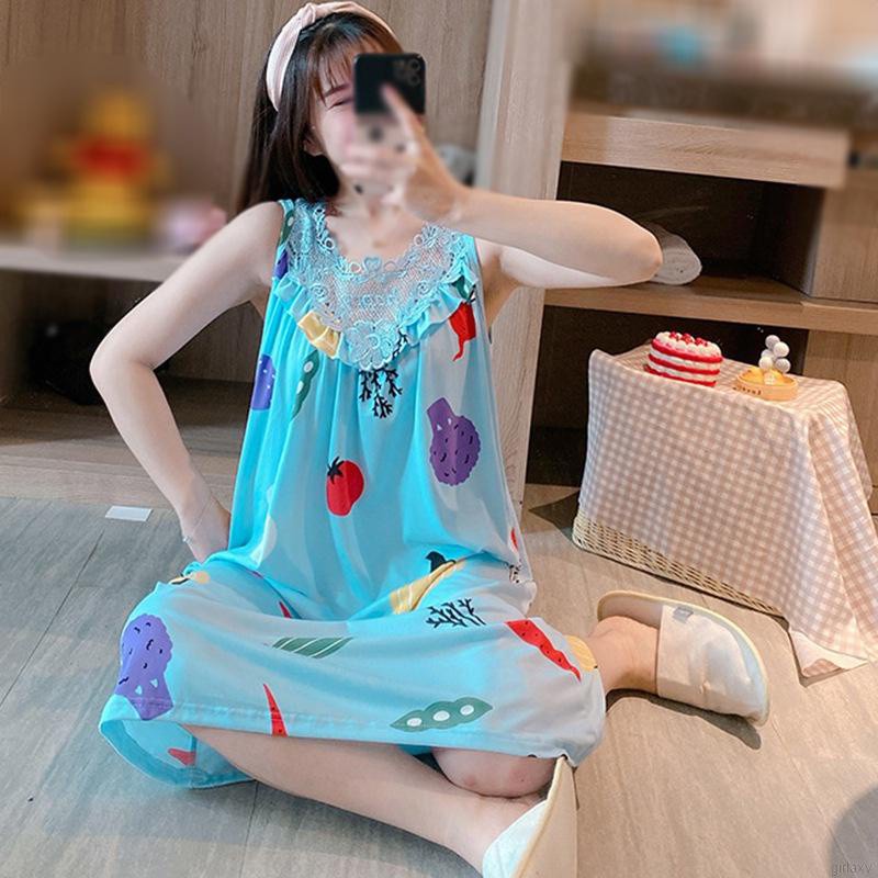 đồ ngủ Không Tay Phối Ren In Họa Tiết Hoạt Hình Phong Cách Hàn Quốc Thời Trang Mùa Hè