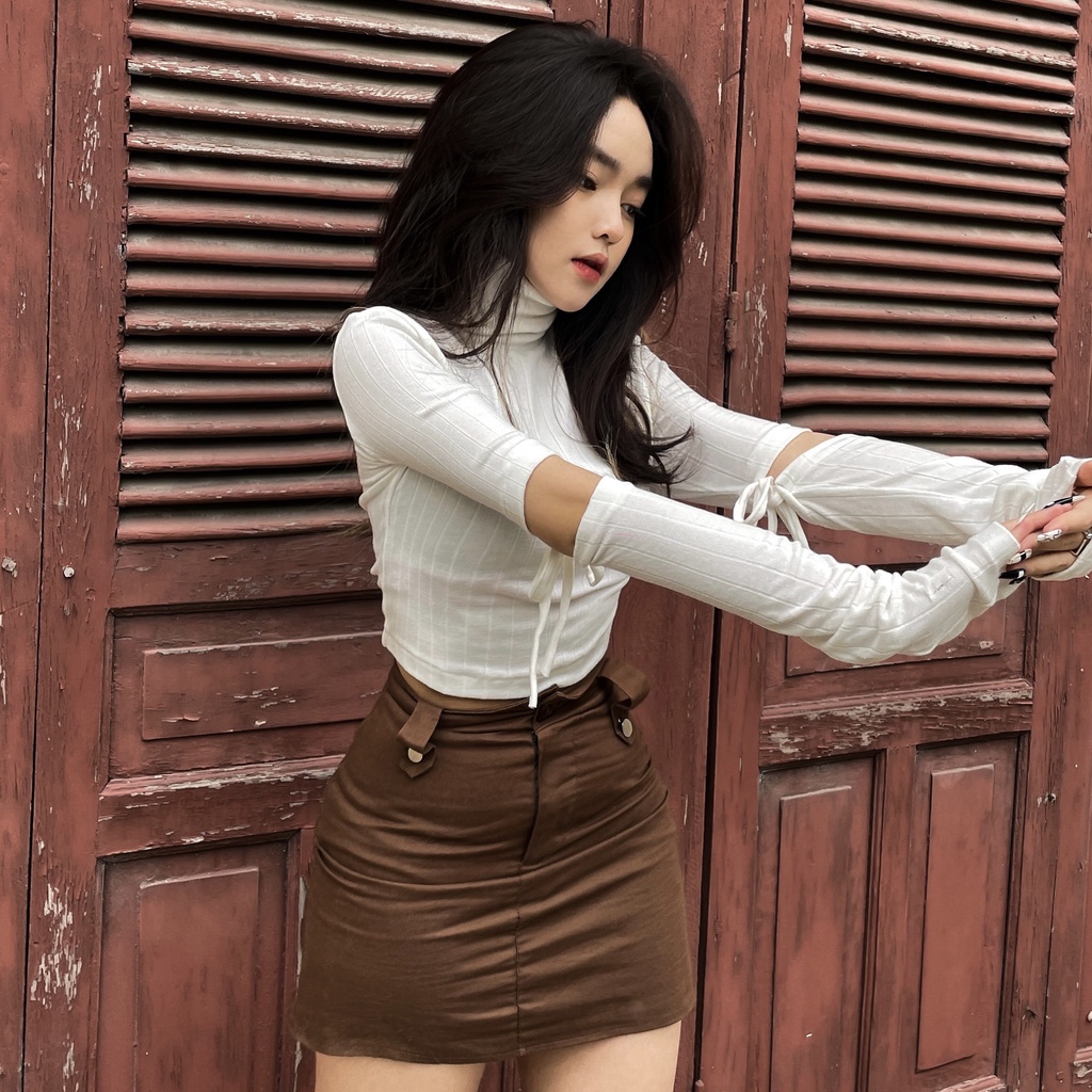 Áo croptop gân len cổ cao tay thắt dây ulzzang