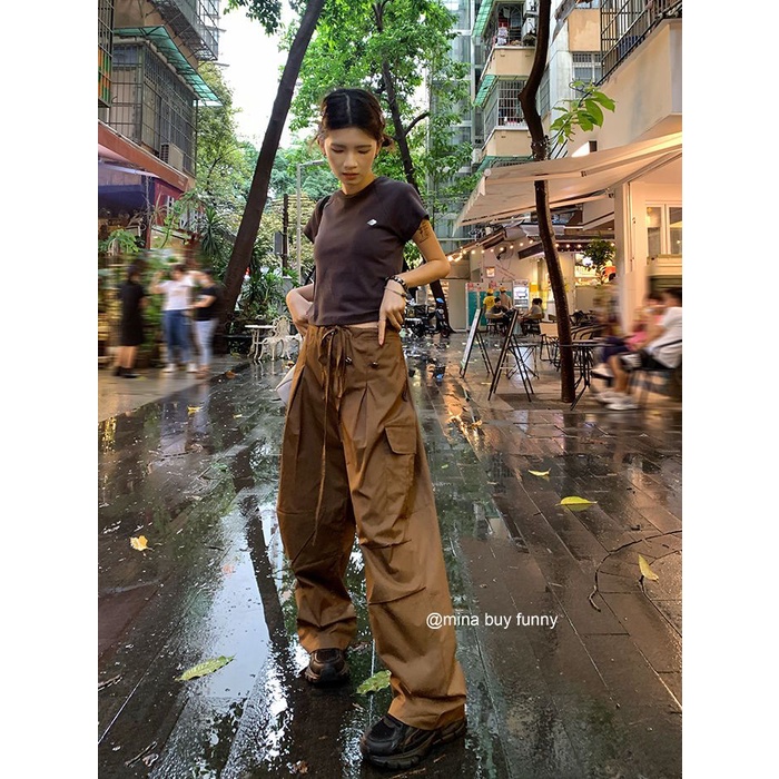 Niche Quần Yếm Dây Rút Phong Cách Đường Phố Mỹ Thường Ngày Cho Nữ