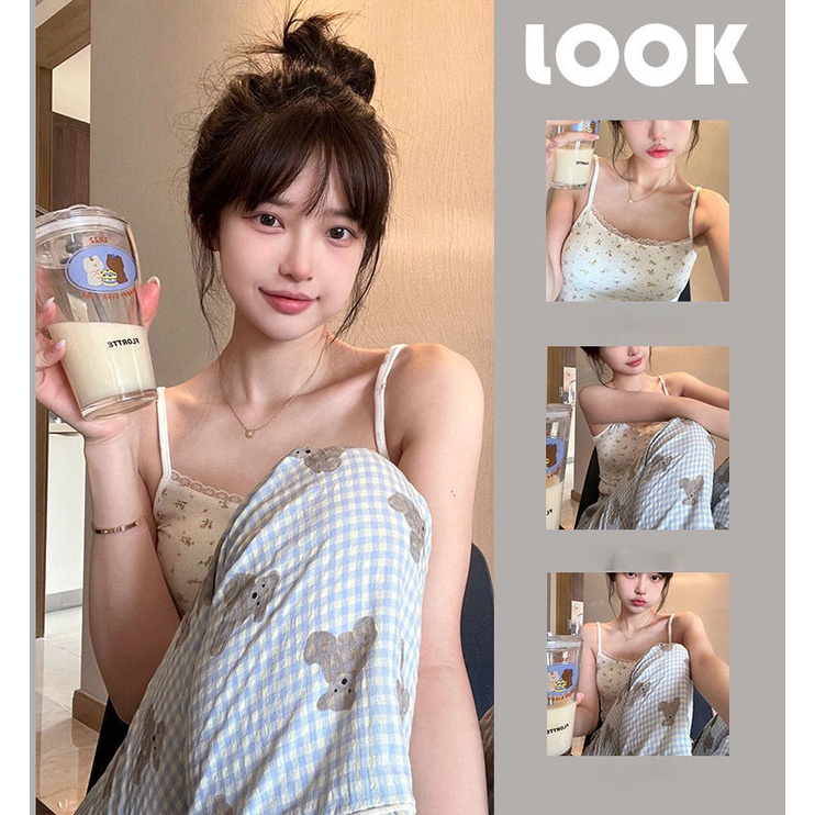 Bộ Đồ Ngủ Áo Hai Dây Phối Quần Dài In Họa Tiết Gấu Và Quần Tươi Mới Thời Trang Mùa Hè Cho Nữ