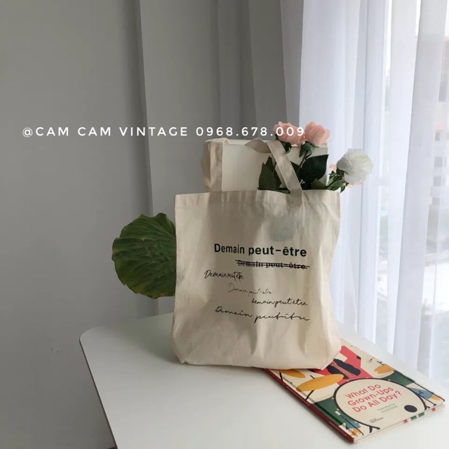 TÚI TOTE VẢI TÚI canvas TRẮNG NGÀ VINTAGE IN CHỮ XANH CAM CAM