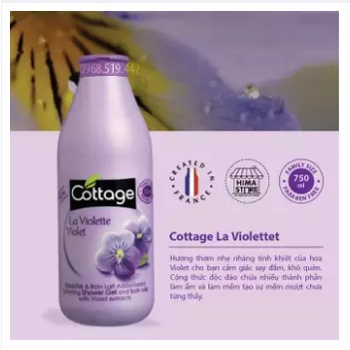 Sữa tắm dưỡng trắng da COTTAGE Pháp 750ml hương Vani/ trà xanh/hoa violette/caramel/đào/dâu/cam/lựu đỏ
