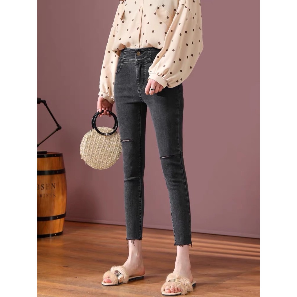 [SIZE ĐẠI 50kg~95kg] Quần jean dài 9 tấc tua lai, lưng cao màu xám lông chuột 3134