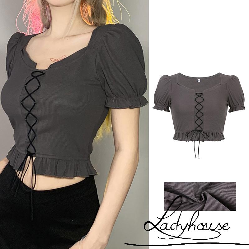 Áo Thun Crop Top Tay Phồng Thiết Kế Dây Rút Phía Trước Thời Trang Mùa Hè Cho Nữ