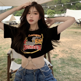 Áo croptop tay ngắn thiết kế phối dây xích cá tính thời trang cho nữ