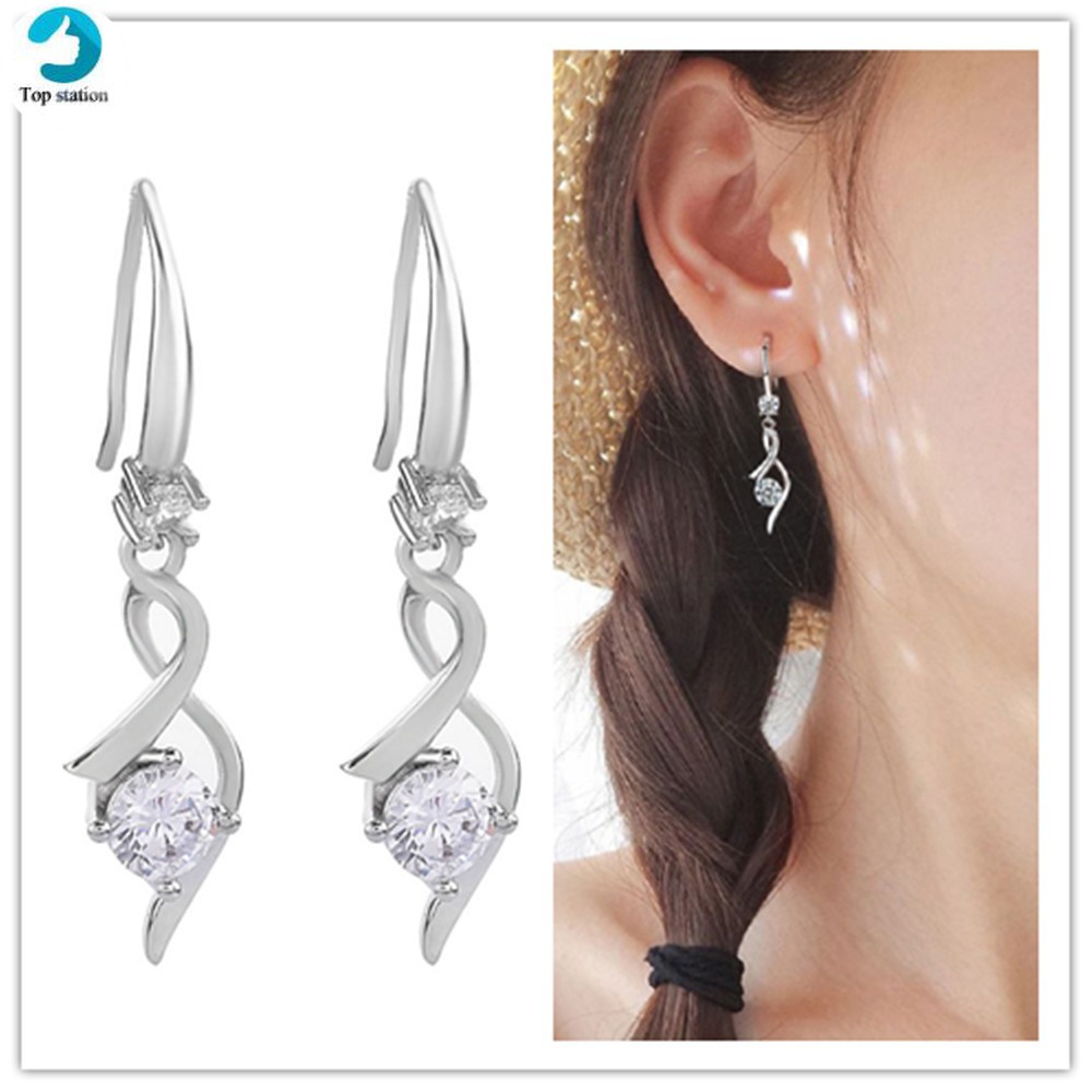 Hoa Tai Dáng Dài Hình Giọt Nước Đính Đá Sapphire Thời Trang